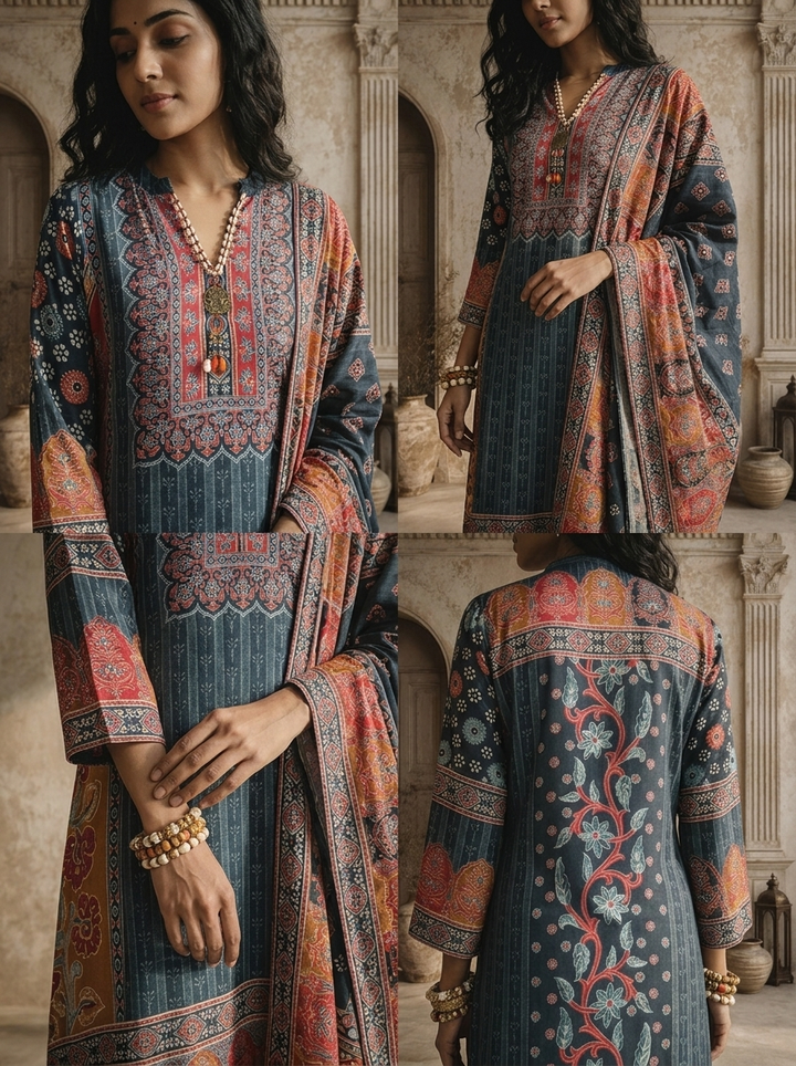 Navy Blue Crepe Patchwork Ajrakh Printed Three Piece Set