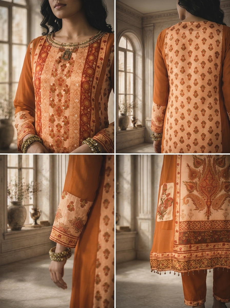 Rust Georgette Patchwork Mughal Printed Three Piece Set
