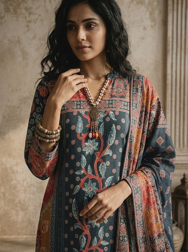 Navy Blue Crepe Patchwork Ajrakh Printed Three Piece Set