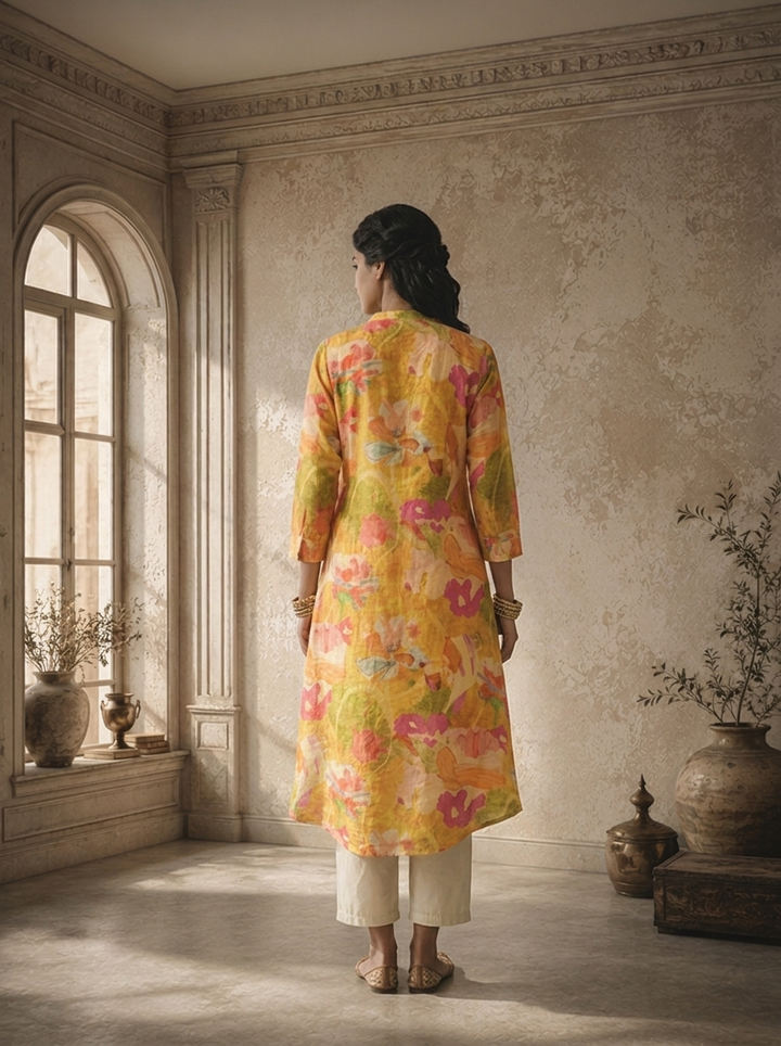 Mustard Rayon Multicolor Watercolor Printed Kurta