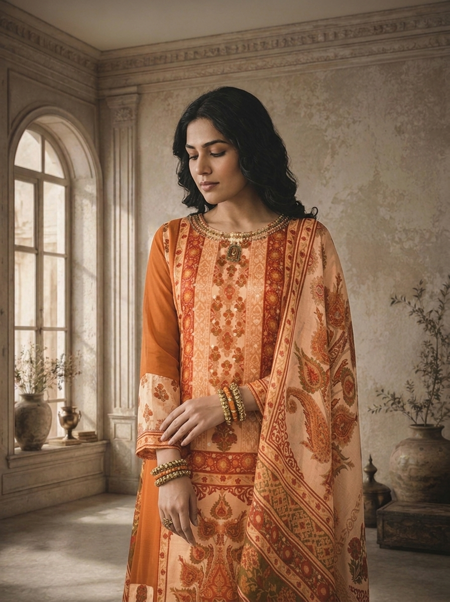 Rust Georgette Patchwork Mughal Printed Three Piece Set