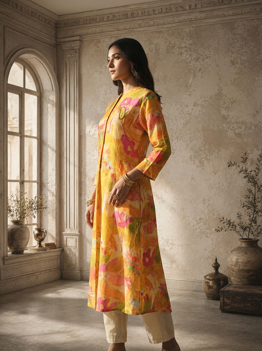 Mustard Rayon Multicolor Watercolor Printed Kurta