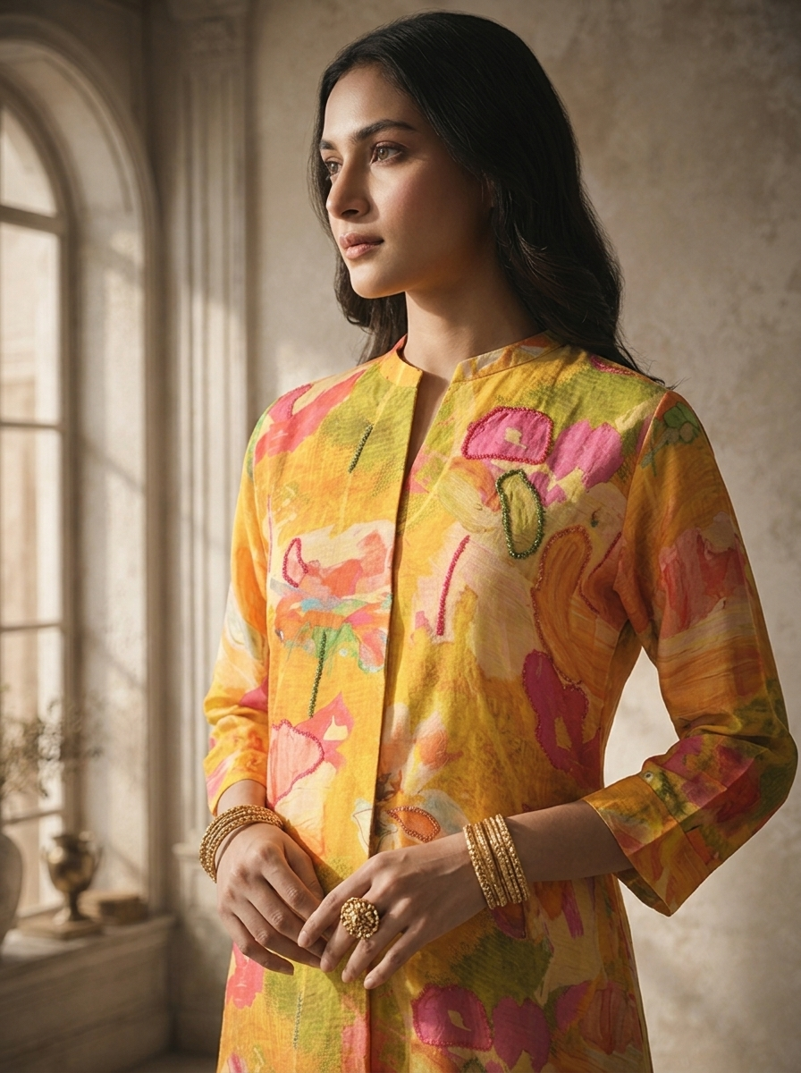 Mustard Rayon Multicolor Watercolor Printed Kurta