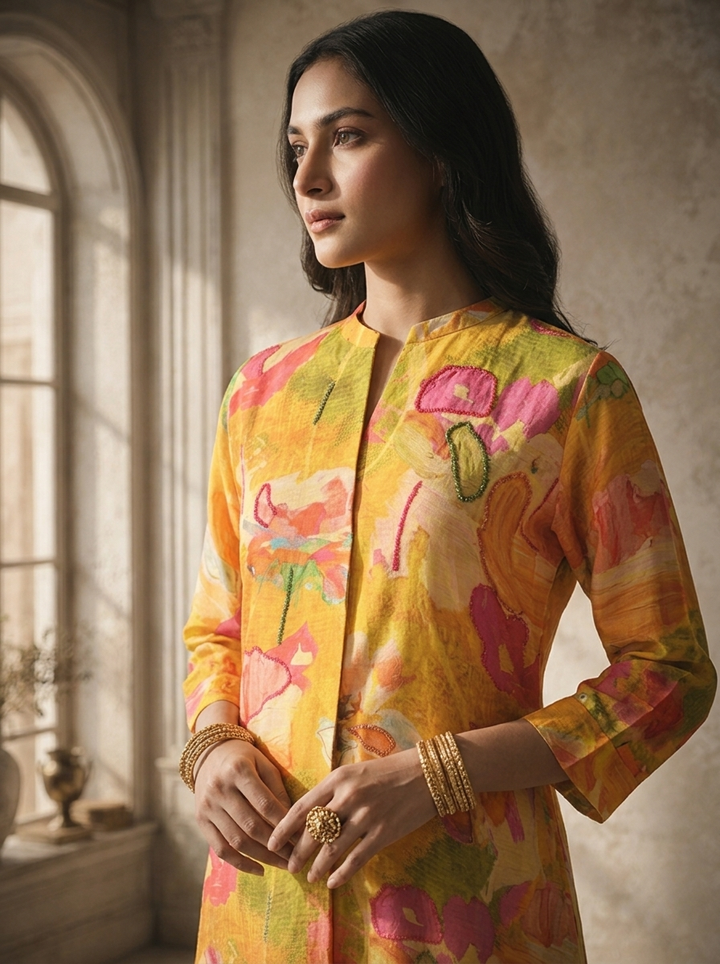 Mustard Rayon Multicolor Watercolor Printed Kurta