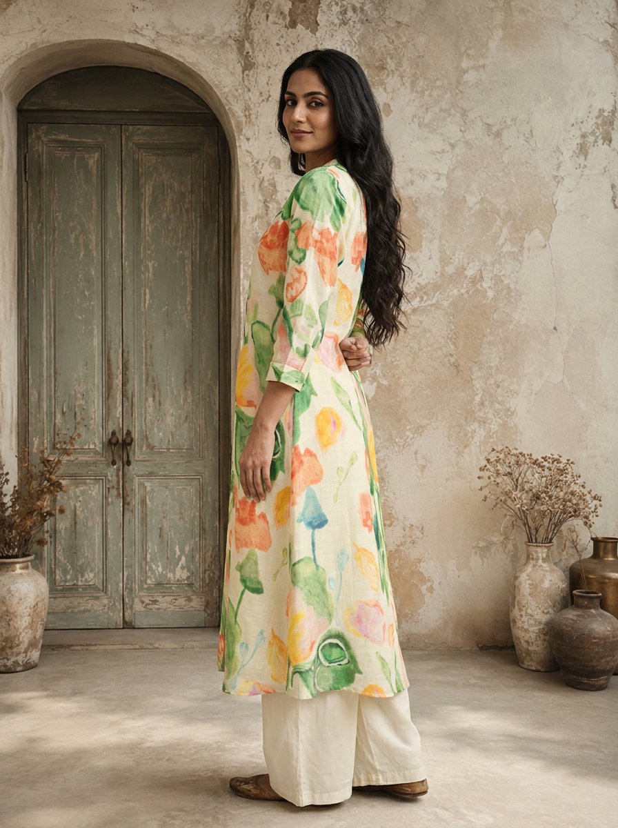 Cream Rayon Multicolor Watercolor Printed Kurta