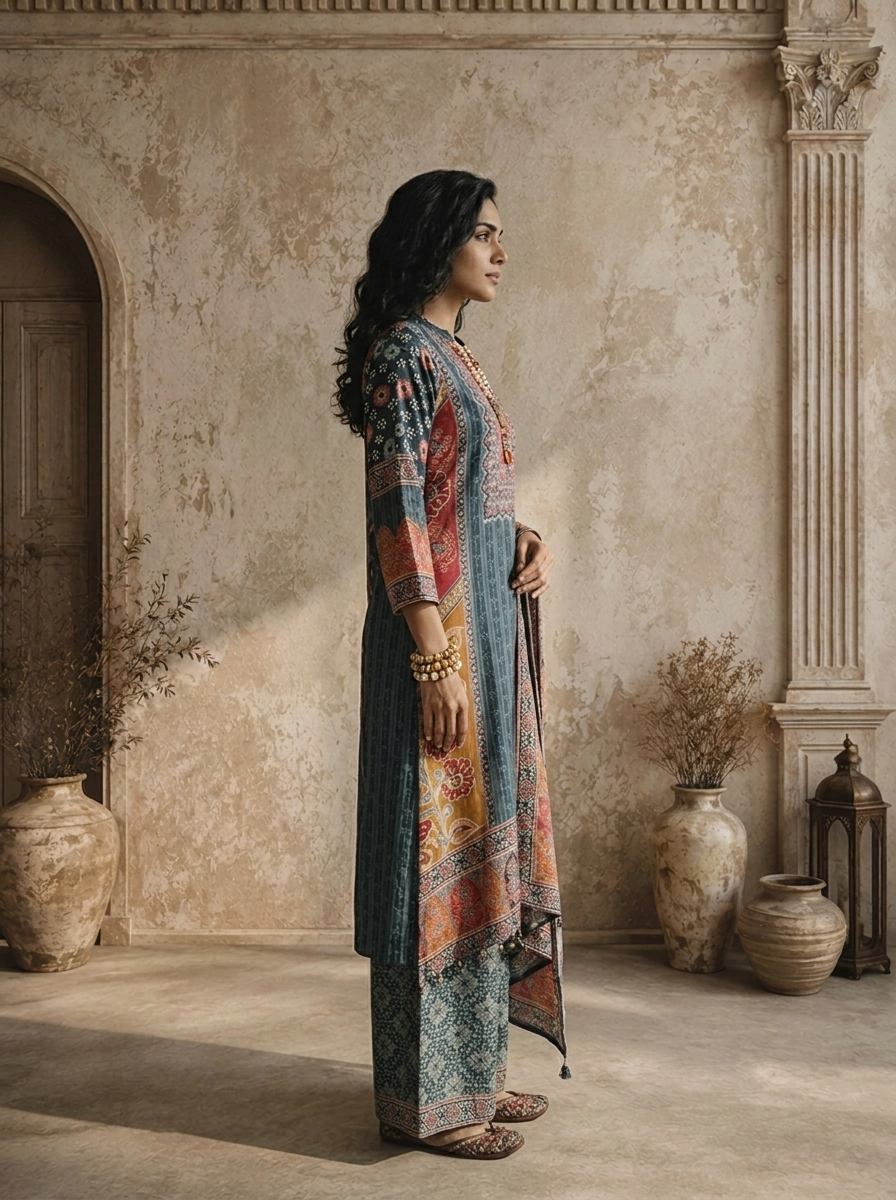 Navy Blue Crepe Patchwork Ajrakh Printed Three Piece Set