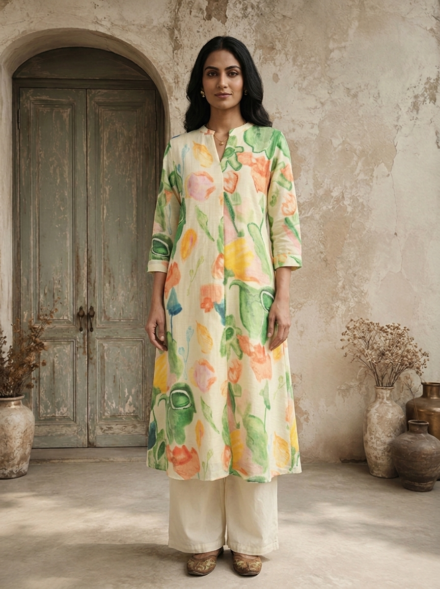 Cream Rayon Multicolor Watercolor Printed Kurta