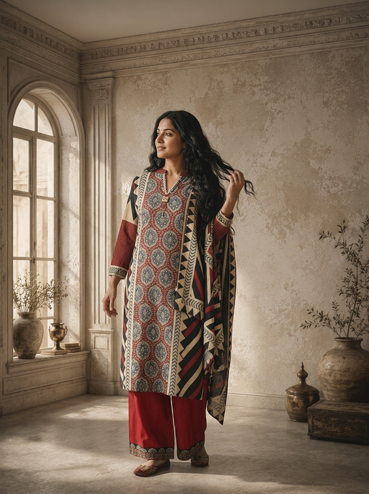 Maroon Modal Ajrakh Style Patchwork Printed Three Piece Set