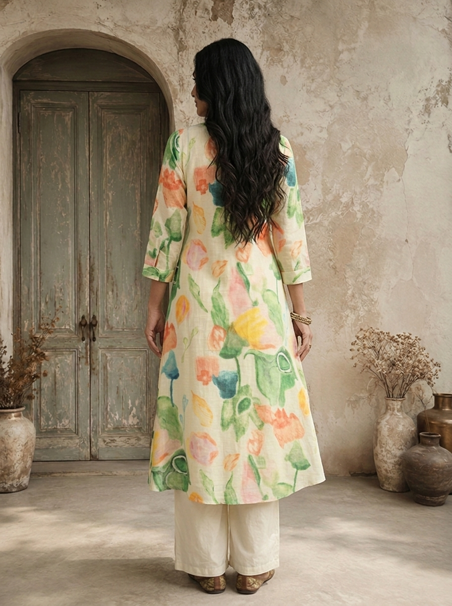 Cream Rayon Multicolor Watercolor Printed Kurta