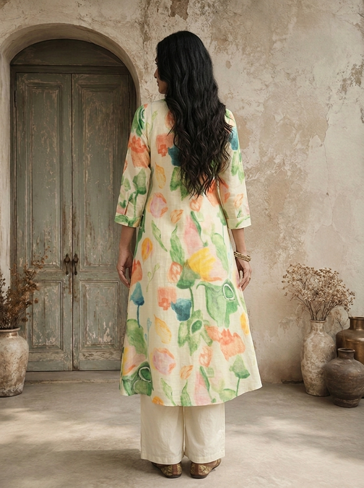 Cream Rayon Multicolor Watercolor Printed Kurta