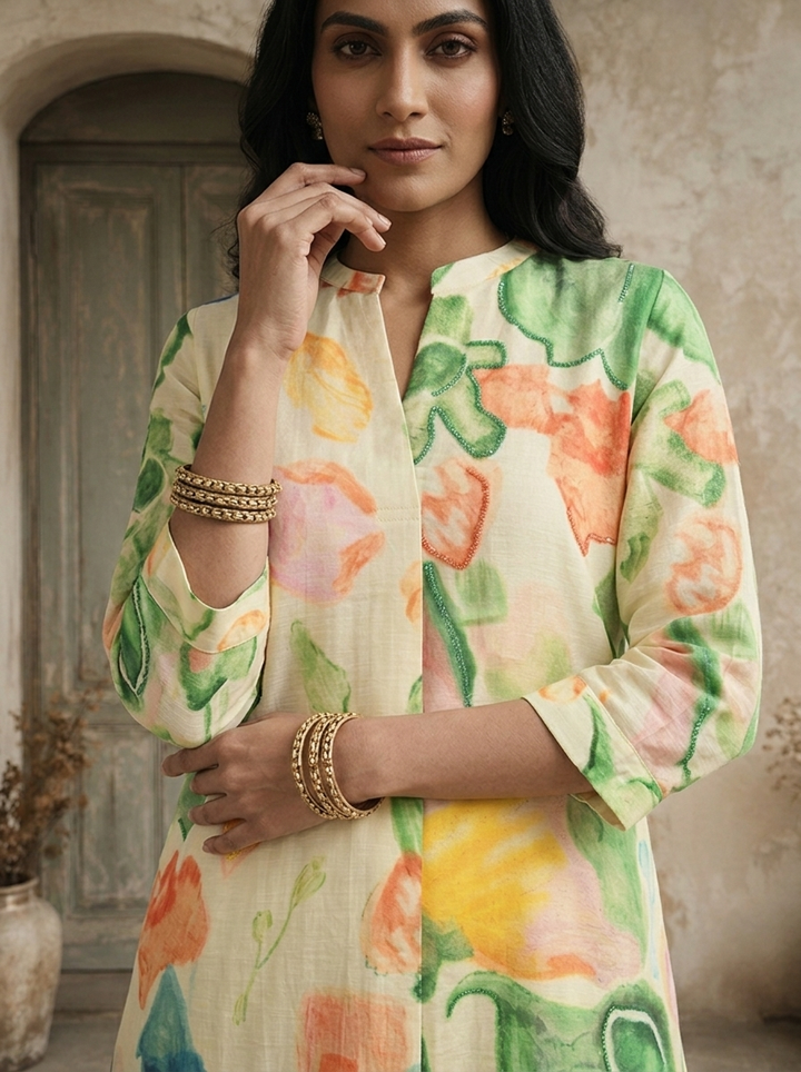 Cream Rayon Multicolor Watercolor Printed Kurta