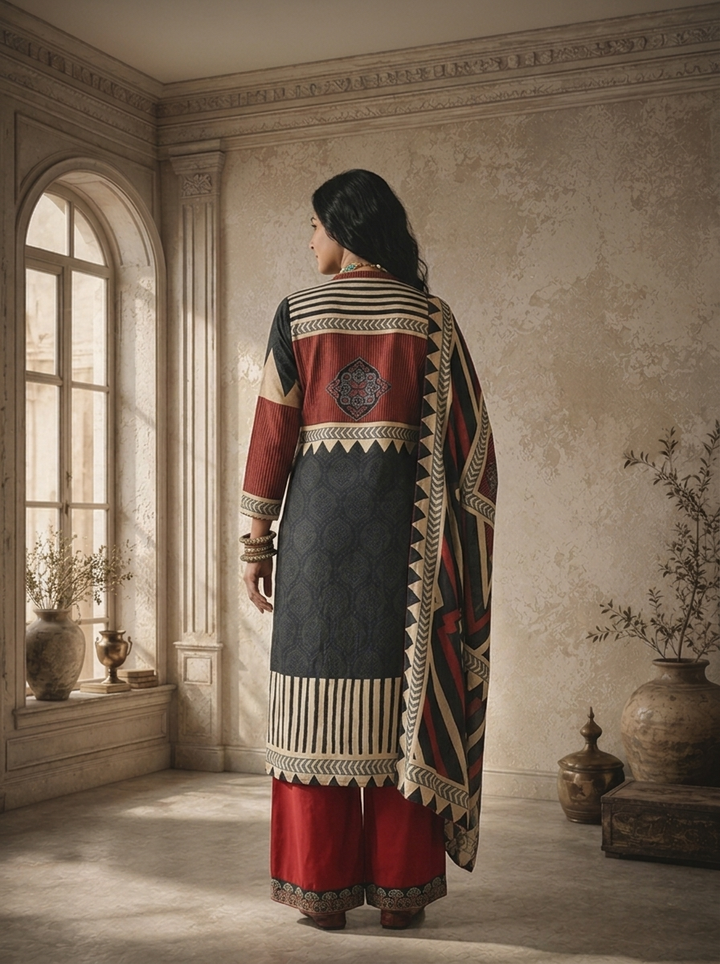 Maroon Modal Ajrakh Style Patchwork Printed Three Piece Set