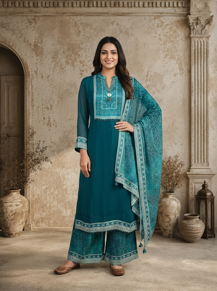 Rama Green Georgette Solid With Geometric Printed Three Piece Set