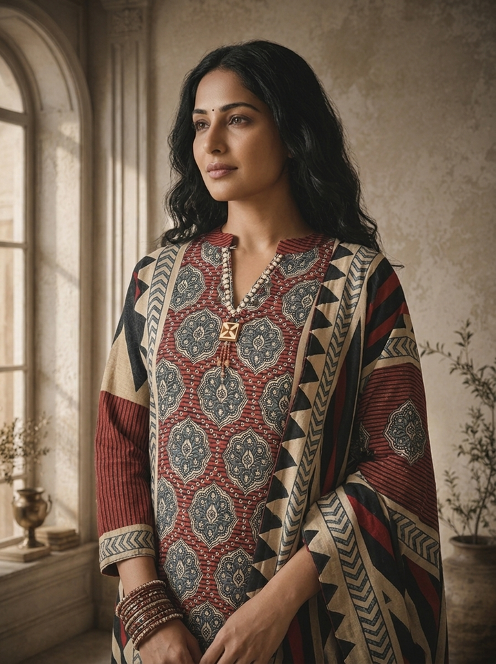Maroon Modal Ajrakh Style Patchwork Printed Three Piece Set