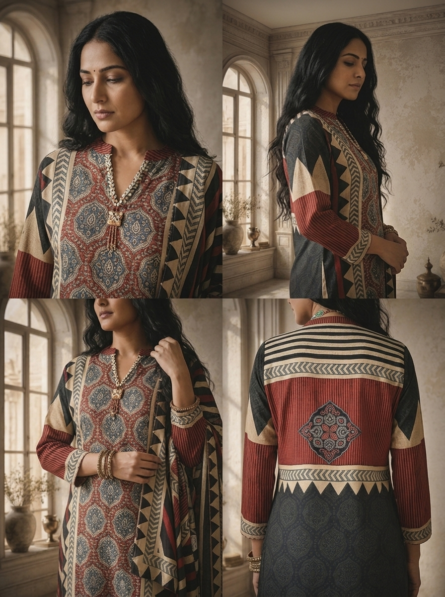 Maroon Modal Ajrakh Style Patchwork Printed Three Piece Set