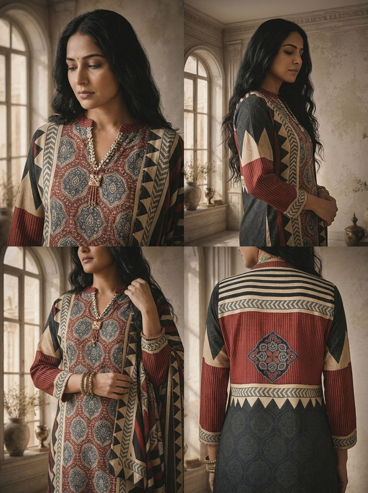 Maroon Modal Ajrakh Style Patchwork Printed Three Piece Set