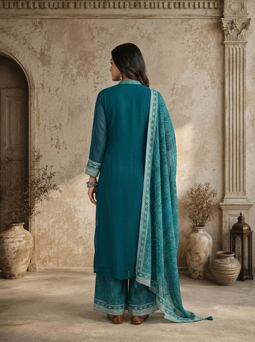 Rama Green Georgette Solid With Geometric Printed Three Piece Set