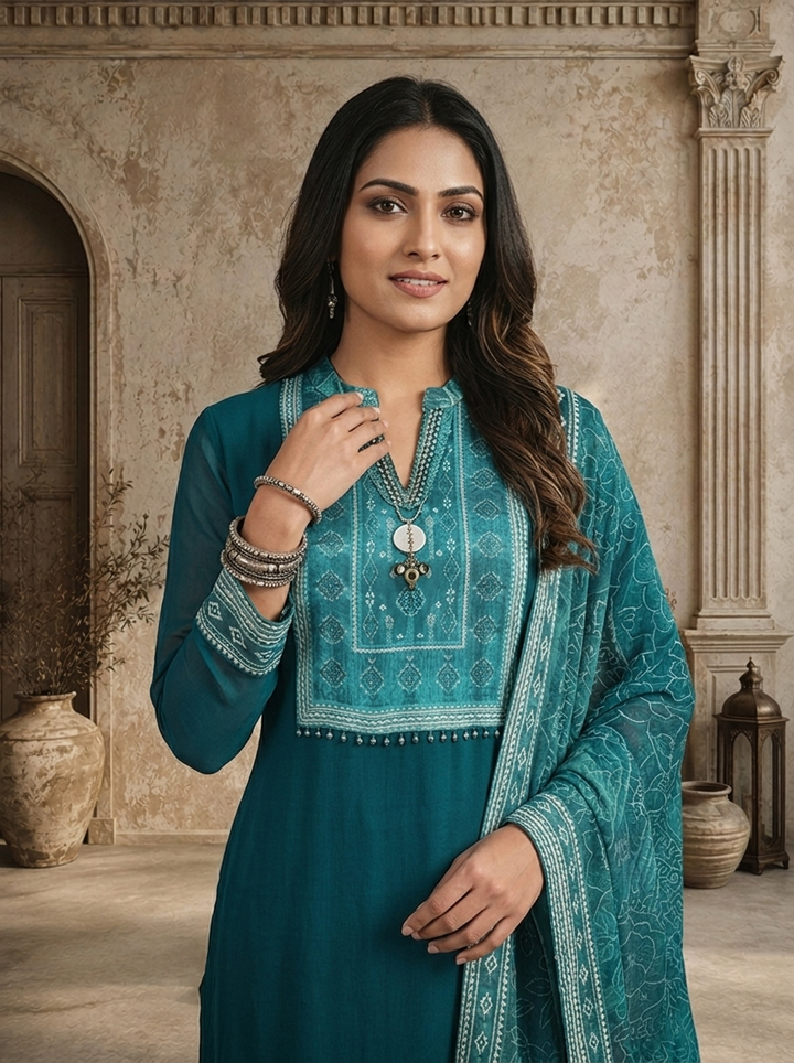 Rama Green Georgette Solid With Geometric Printed Three Piece Set
