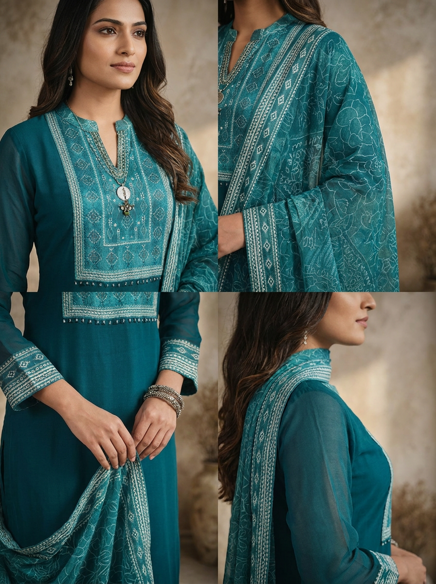 Rama Green Georgette Solid With Geometric Printed Three Piece Set
