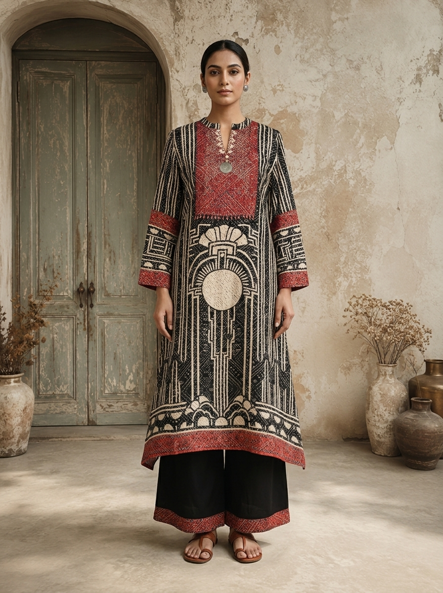 Black Crepe Art Deco Geometric Printed Three Piece Set