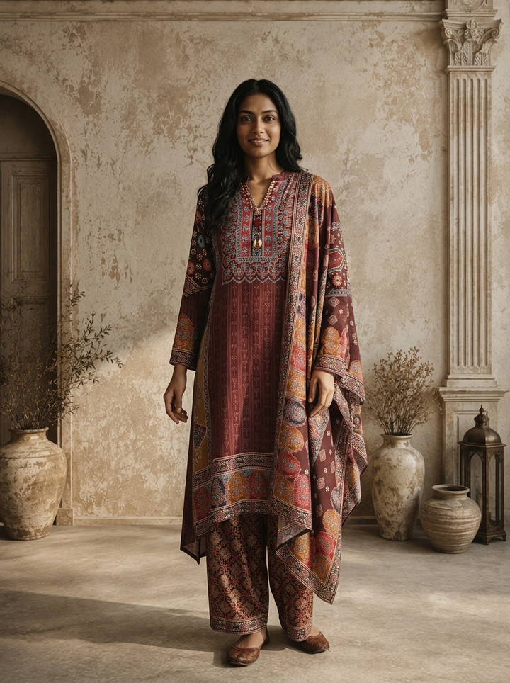 Wine Crepe Ajrakh Block Printed Three Piece Set