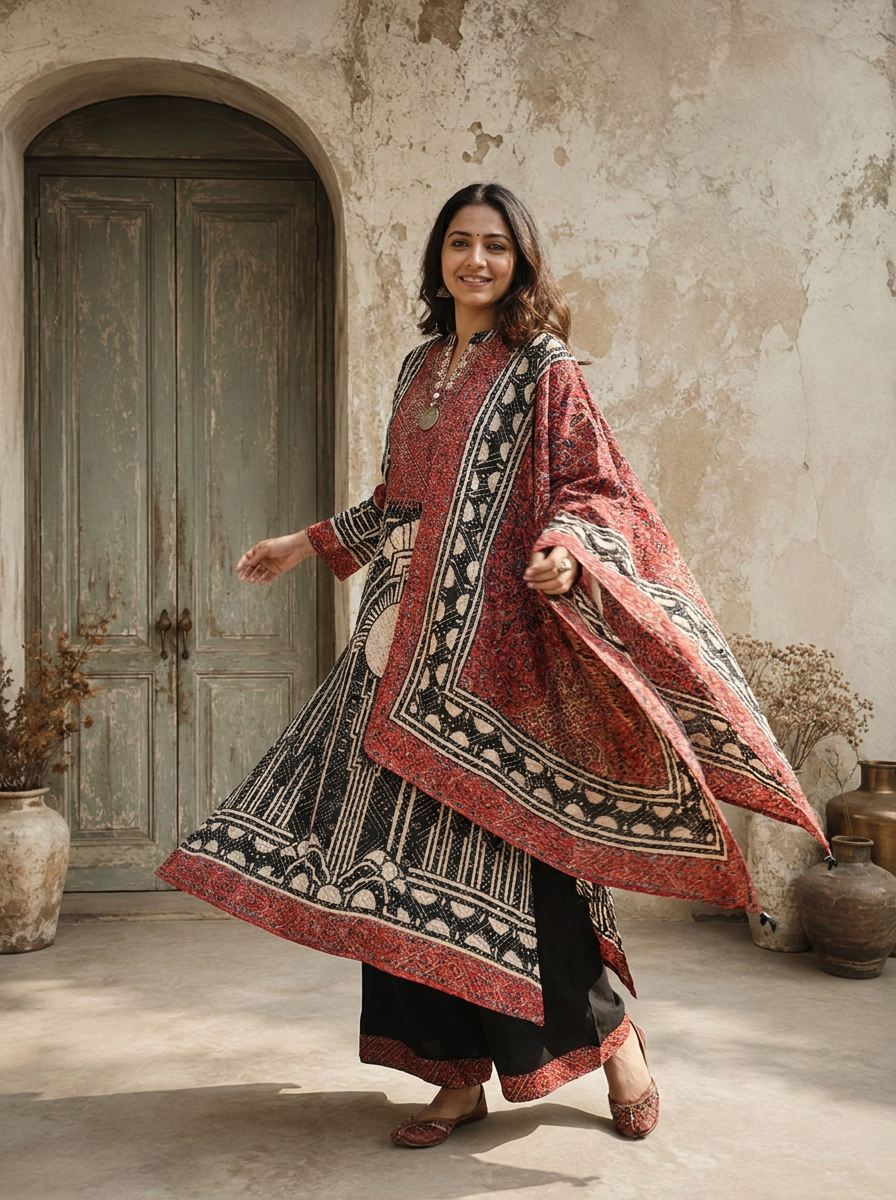 Black Crepe Art Deco Geometric Printed Three Piece Set