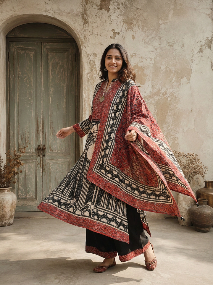 Black Crepe Art Deco Geometric Printed Three Piece Set