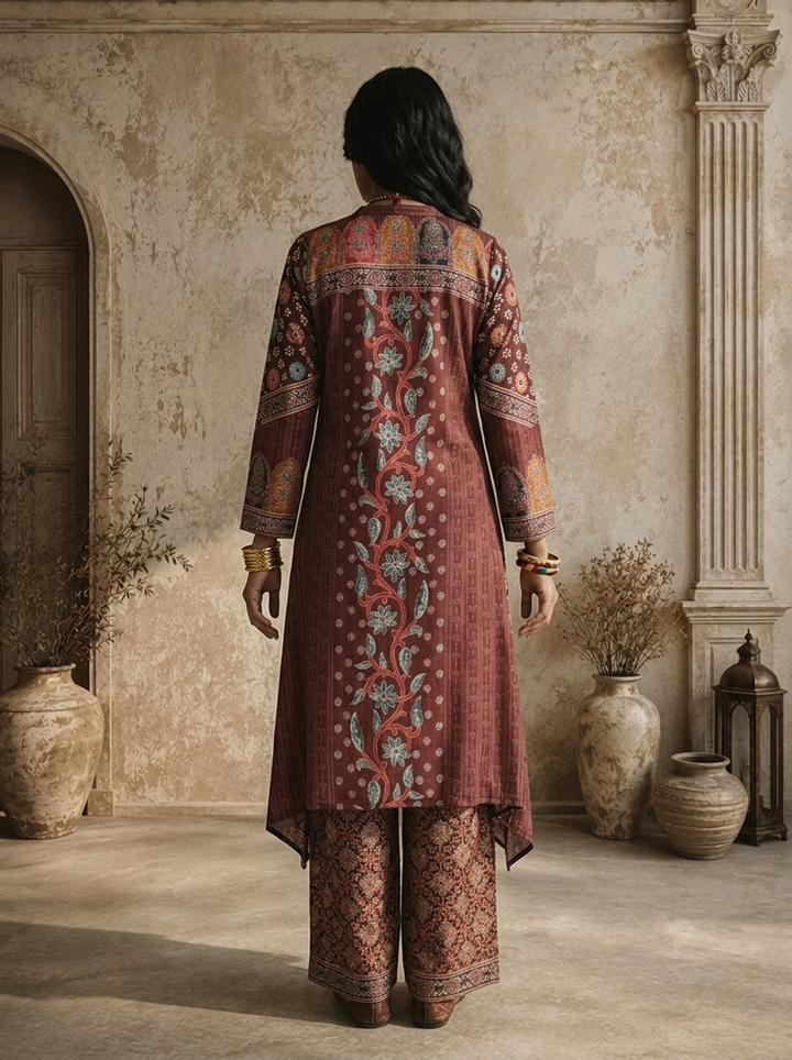 Wine Crepe Ajrakh Block Printed Three Piece Set