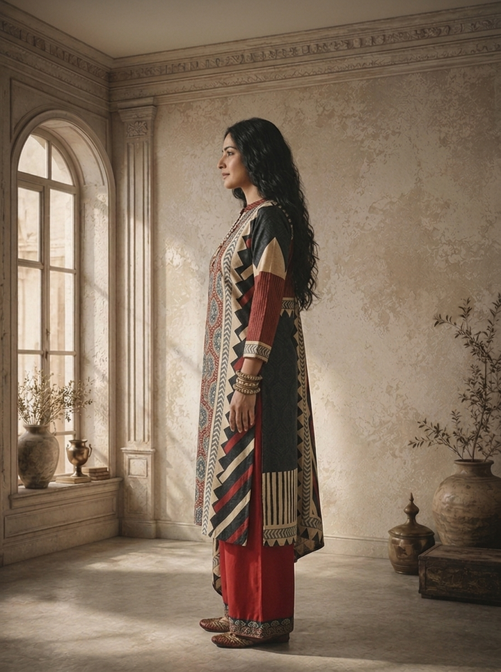 Maroon Modal Ajrakh Style Patchwork Printed Three Piece Set