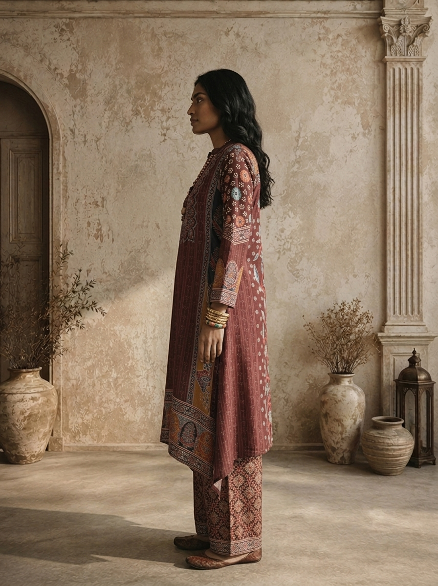 Wine Crepe Ajrakh Block Printed Three Piece Set