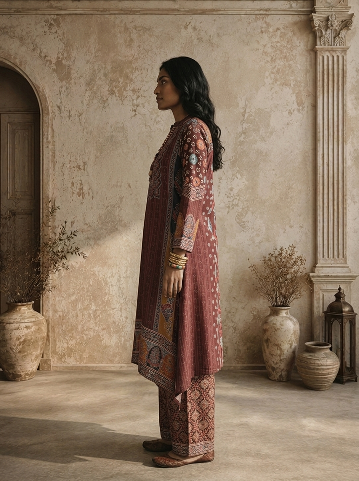 Wine Crepe Ajrakh Block Printed Three Piece Set