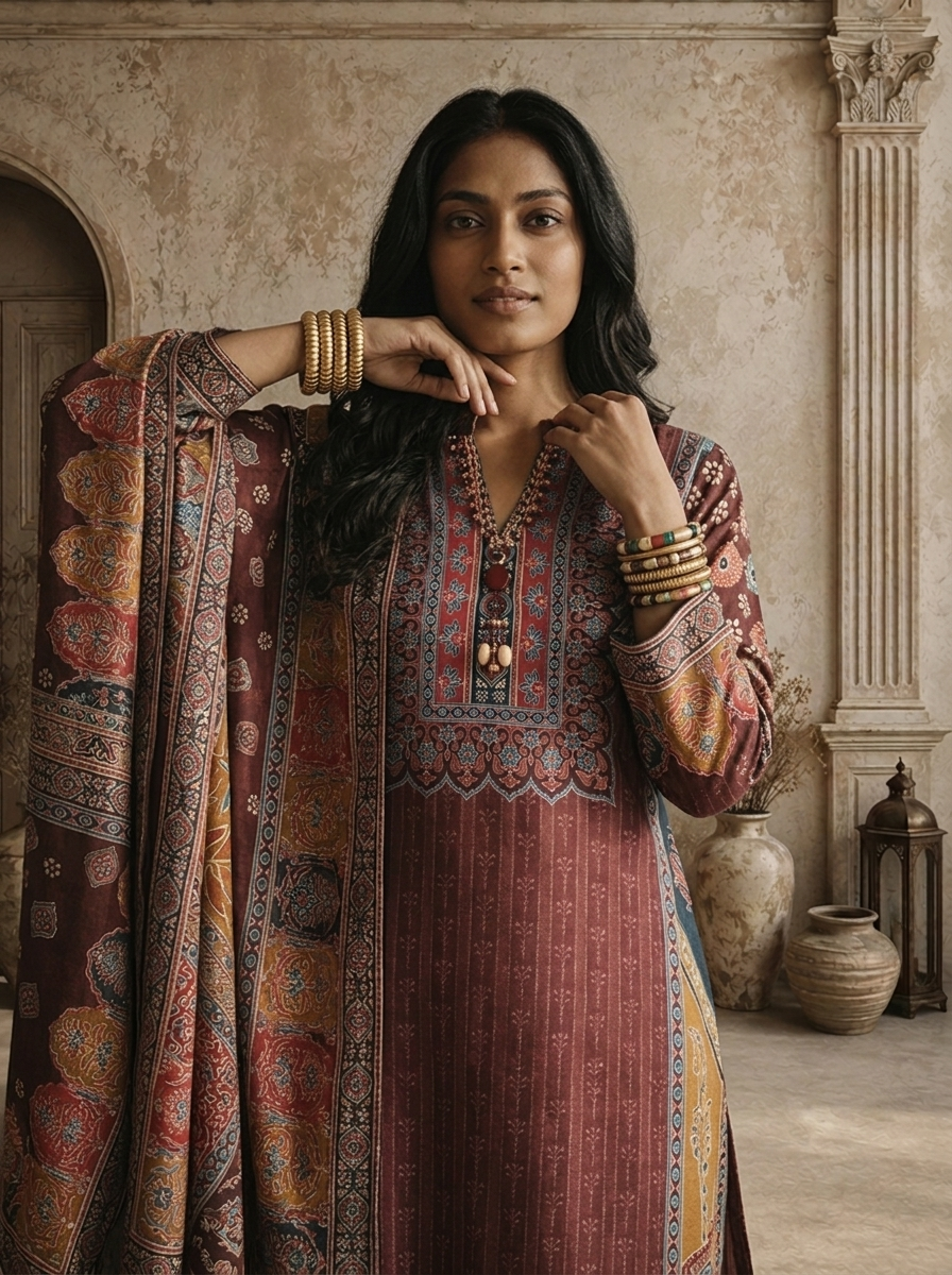 Wine Crepe Ajrakh Block Printed Three Piece Set