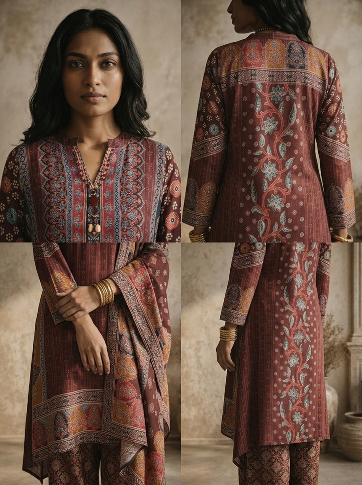 Wine Crepe Ajrakh Block Printed Three Piece Set