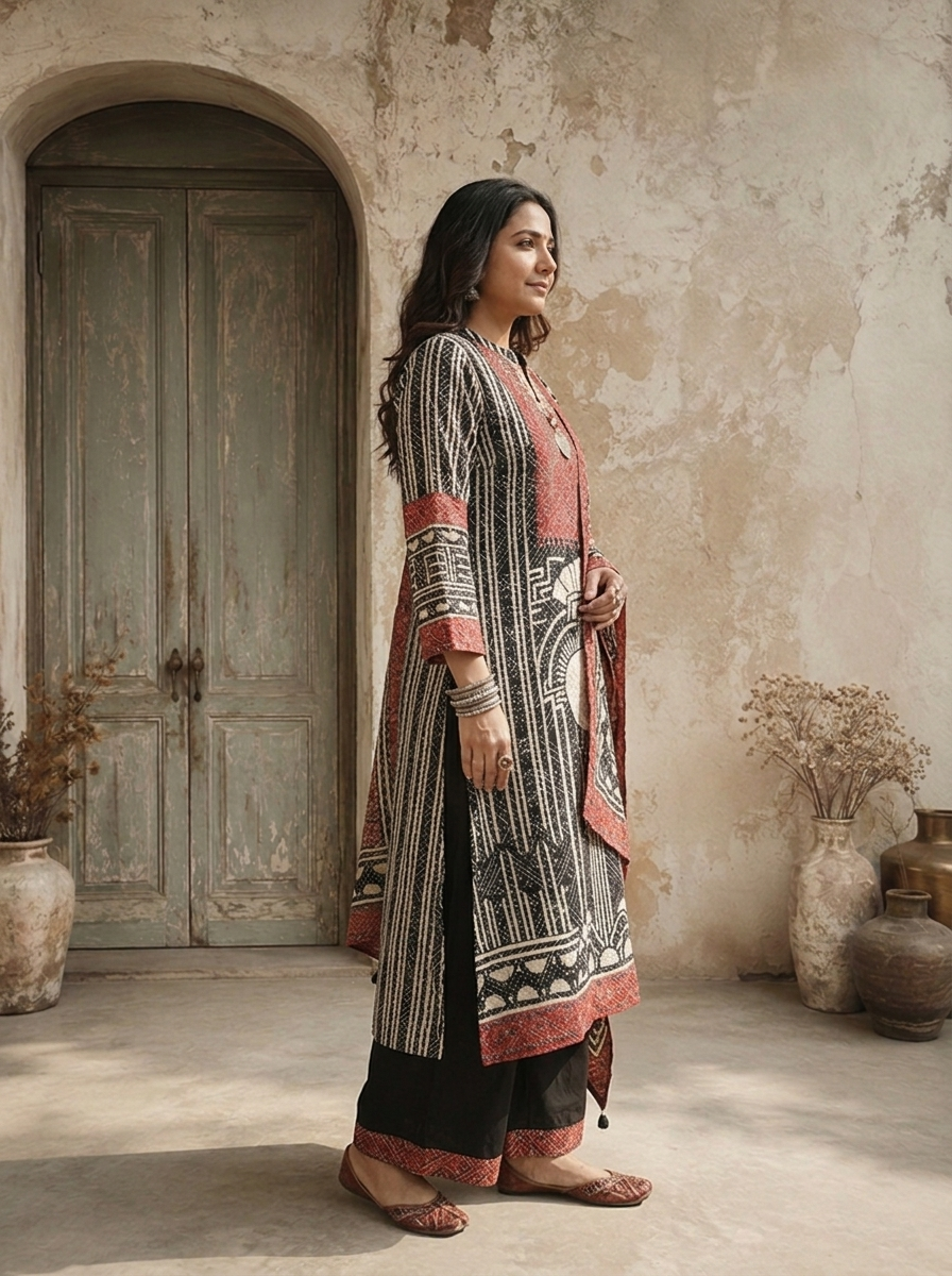 Black Crepe Art Deco Geometric Printed Three Piece Set