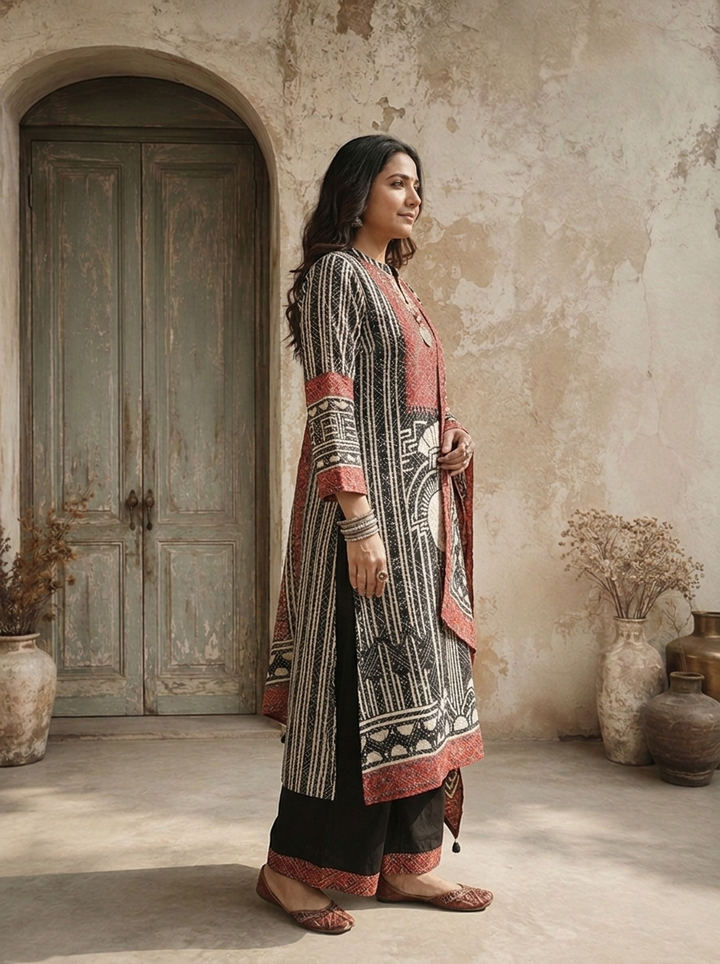 Black Crepe Art Deco Geometric Printed Three Piece Set