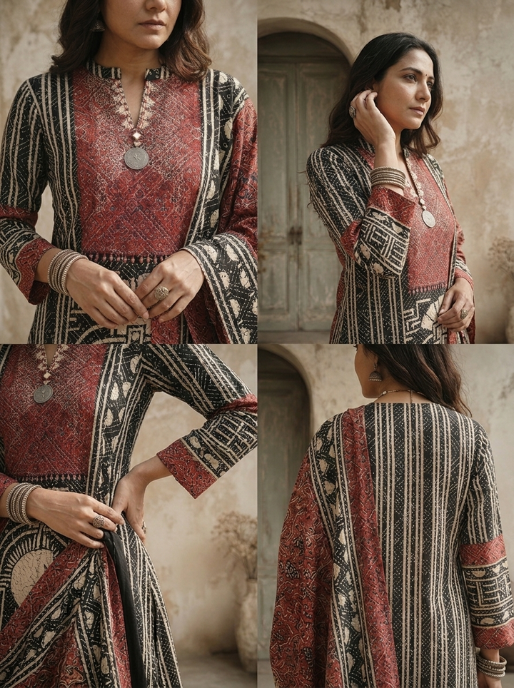 Black Crepe Art Deco Geometric Printed Three Piece Set