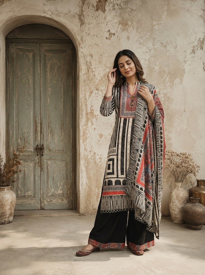 Black Crepe Geometric And Block Printed Three Piece Set