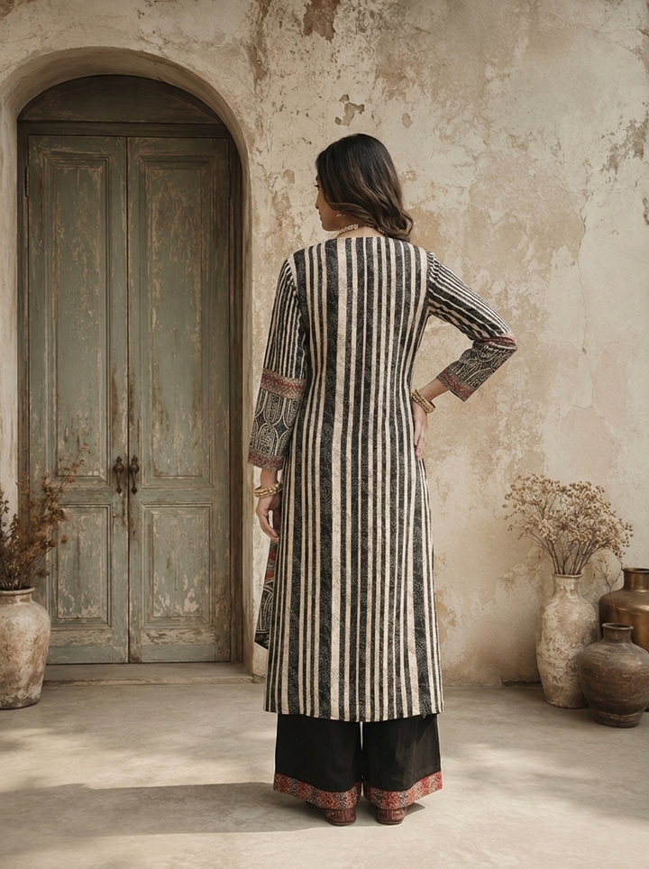 Black Crepe Geometric And Block Printed Three Piece Set