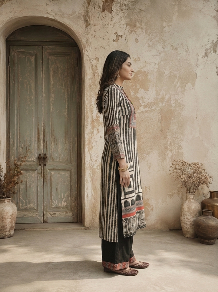 Black Crepe Geometric And Block Printed Three Piece Set