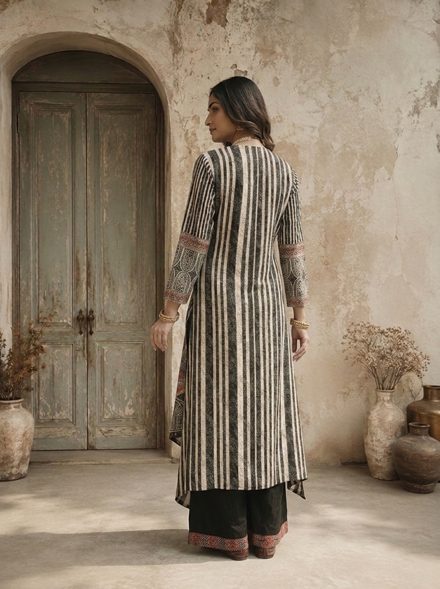 Black Crepe Geometric And Block Printed Three Piece Set