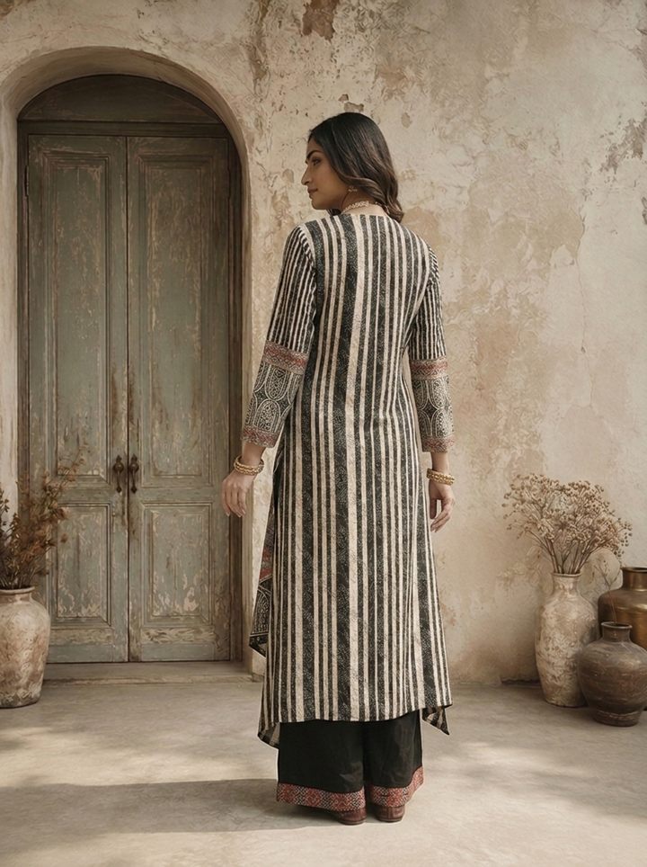 Black Crepe Geometric And Block Printed Three Piece Set