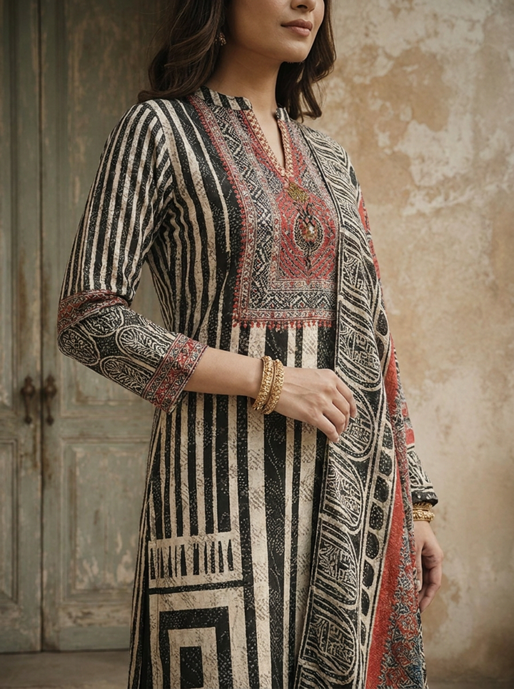 Black Crepe Geometric And Block Printed Three Piece Set