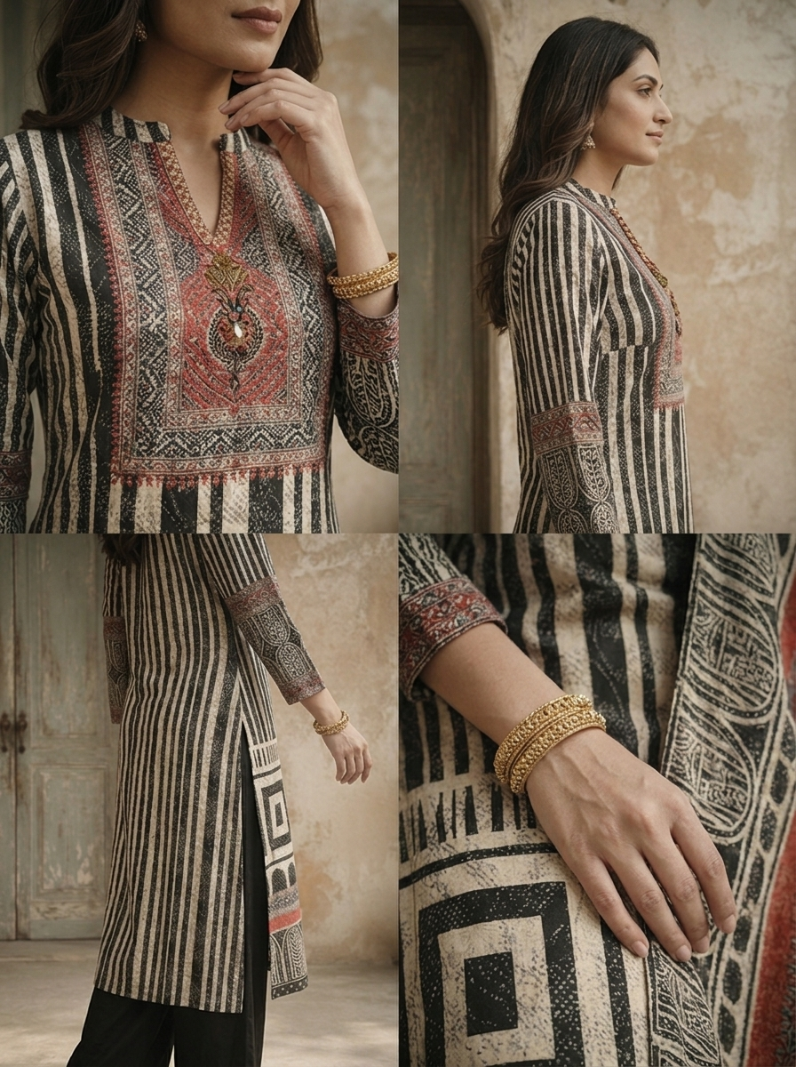 Black Crepe Geometric And Block Printed Three Piece Set