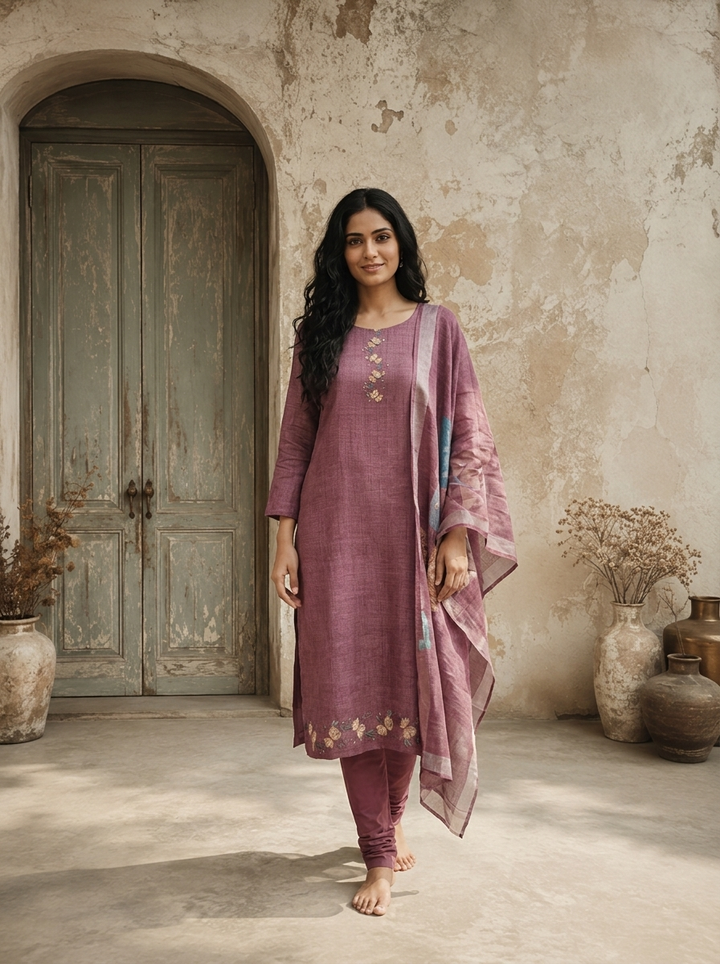 Onion Linen Solid With Floral Printed Three Piece Set