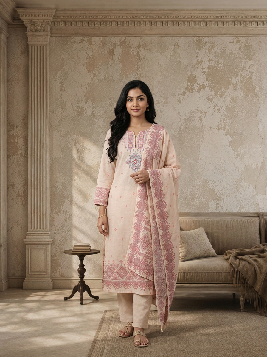 Baby Pink Linen Tribal Diamond Printed Three Piece Set