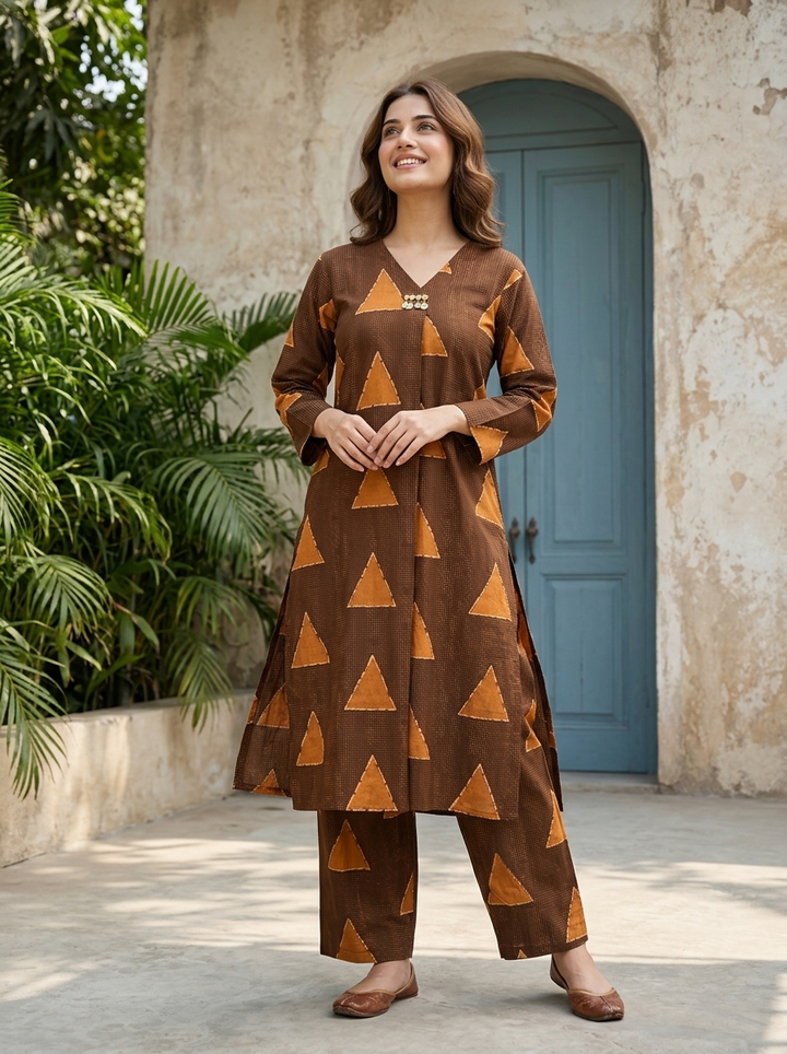 Brown Cotton Triangle Jaal Printed Two Piece Set