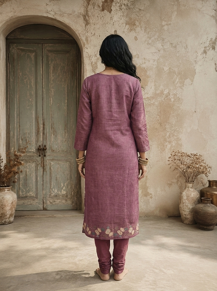 Onion Linen Solid With Floral Printed Three Piece Set