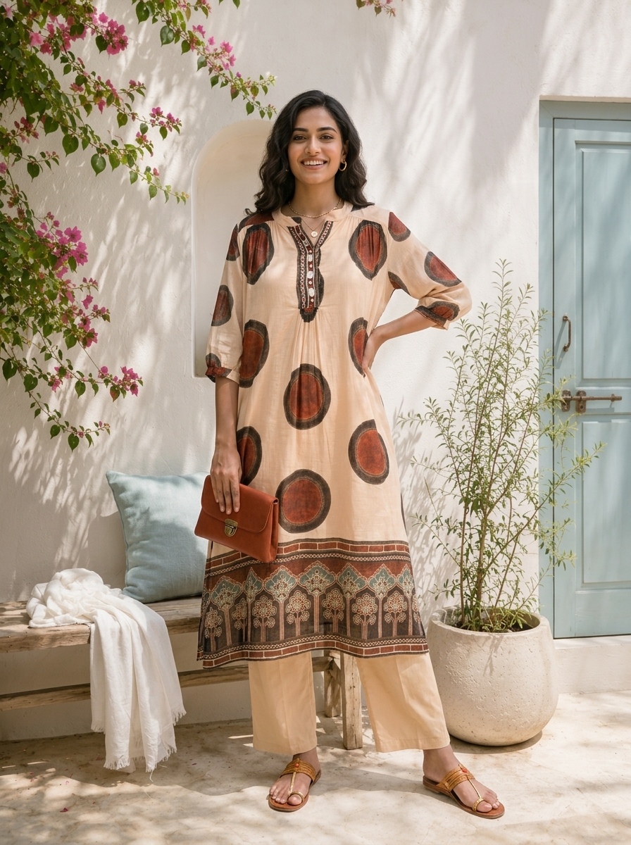 Beige Cotton Circular Motif Printed Two Piece Set