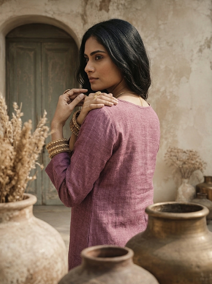 Onion Linen Solid With Floral Printed Three Piece Set