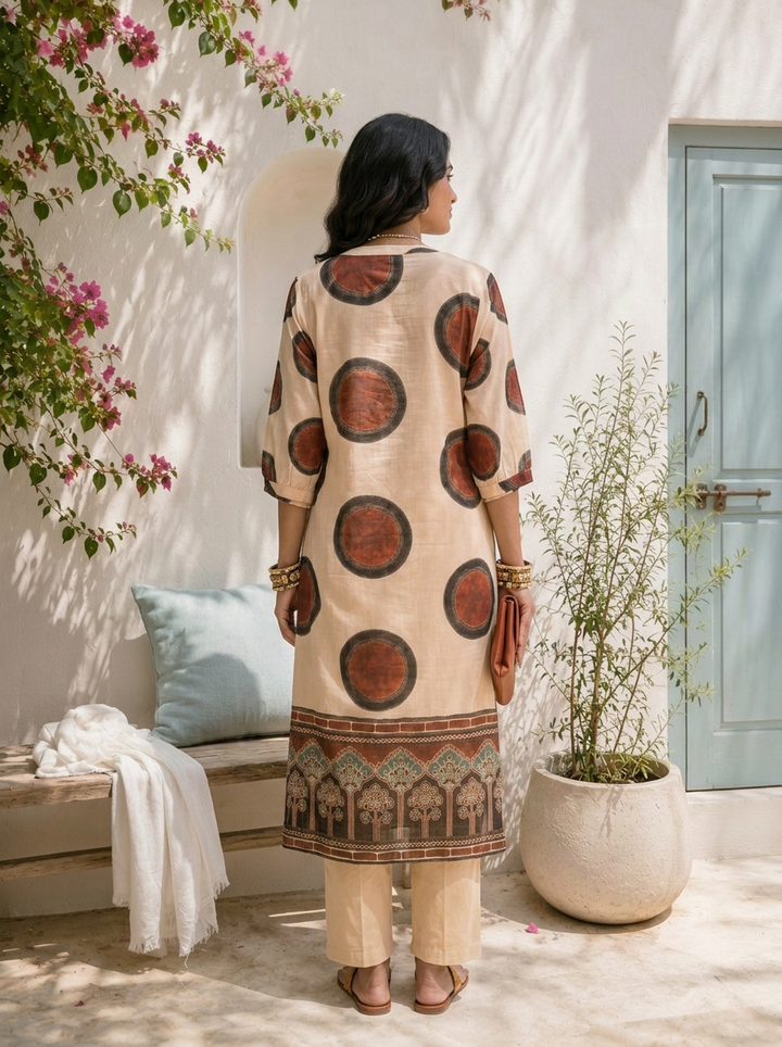 Beige Cotton Circular Motif Printed Two Piece Set